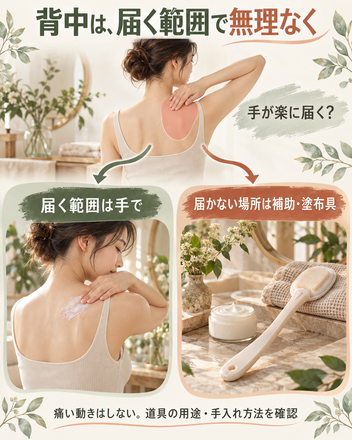 手が楽に届く範囲は手で塗り、届かない場所は補助や塗布具を検討する図。