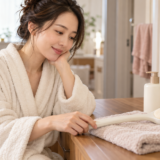 乾いた場所で背中用の塗布具と保湿剤を準備する女性のイメージ。