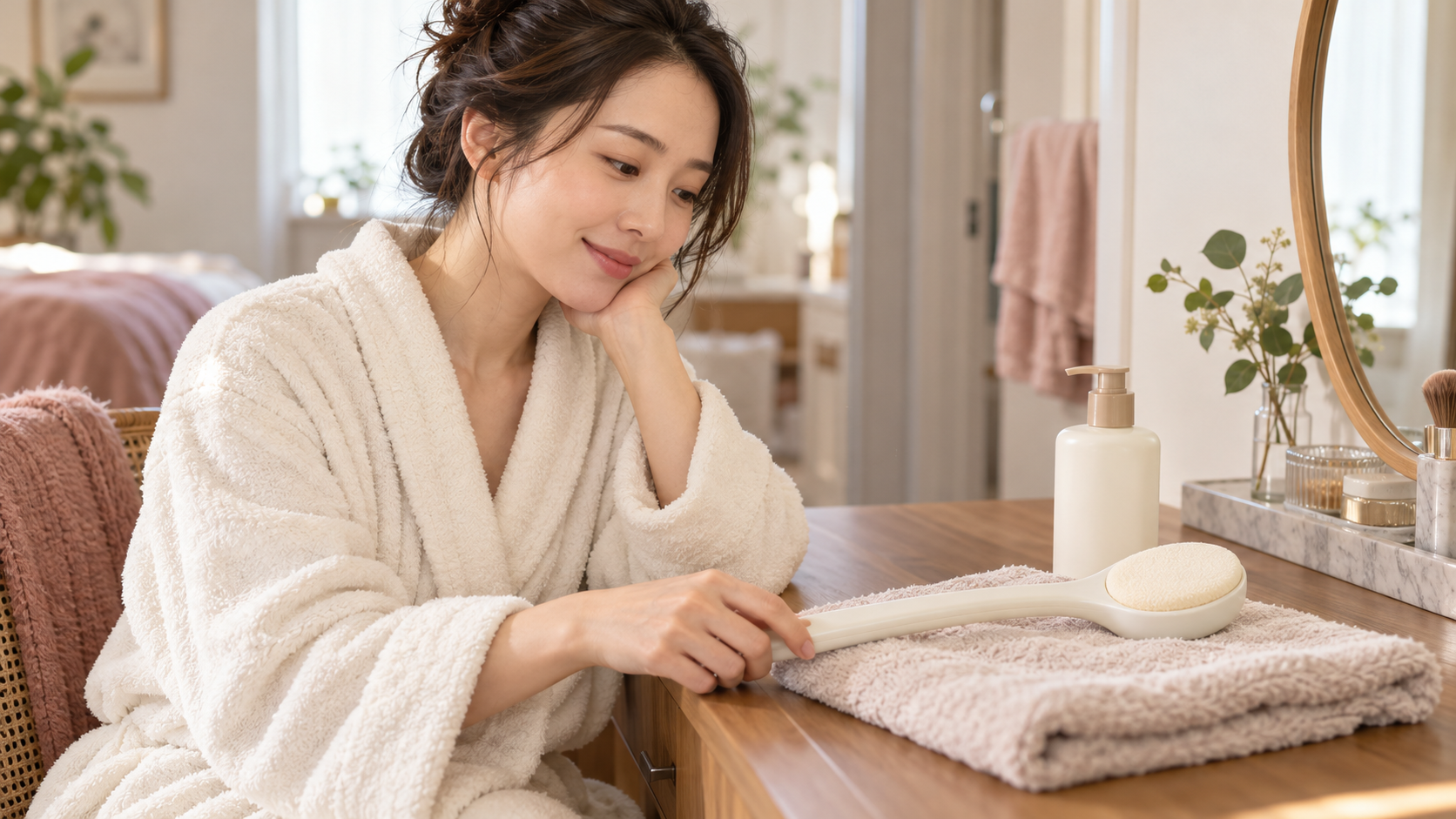 乾いた洗面台で背中用の塗布具と保湿剤を準備する女性のイメージ。