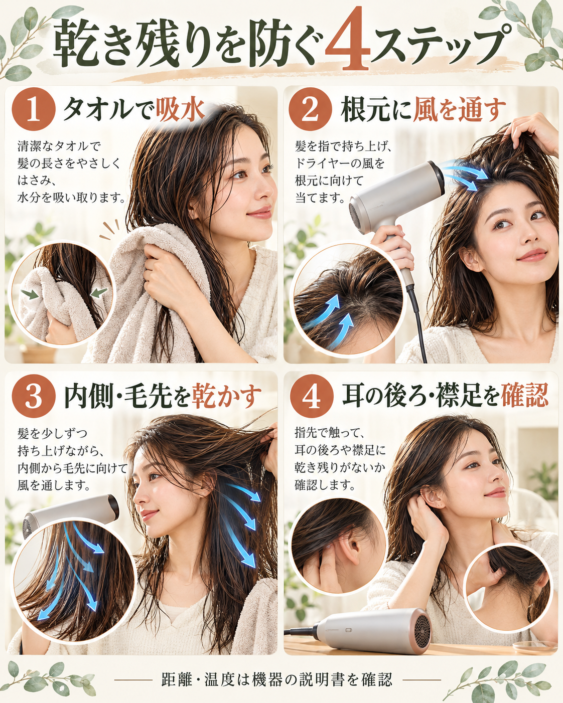 タオル吸水、根元への送風、内側と毛先の乾燥、耳の後ろと襟足の確認を示す図。