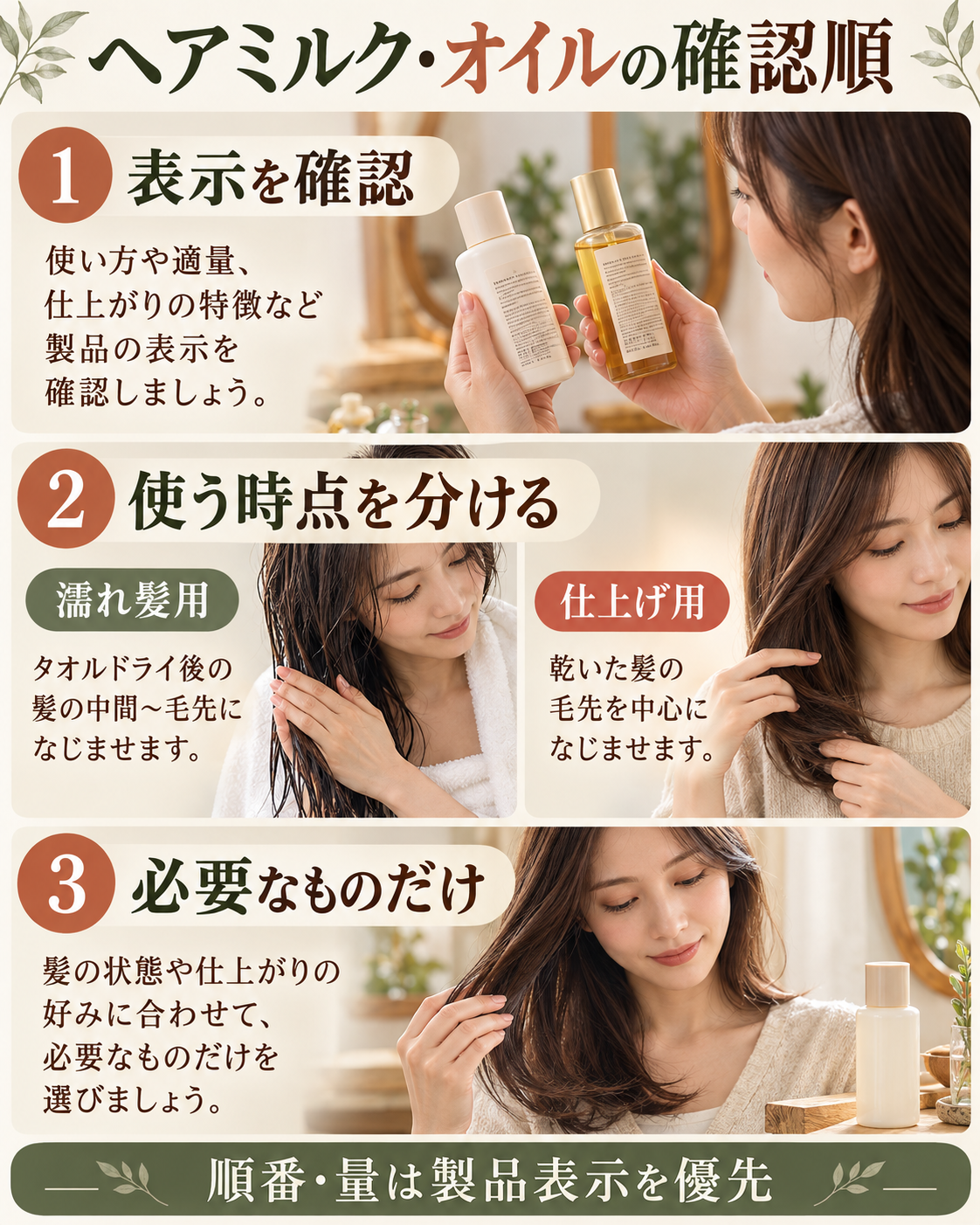製品表示を読み、濡れ髪用と仕上げ用の使用時点を確認し、必要なケアを選ぶ図。