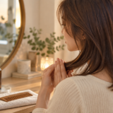 洗面台の前で髪の毛先を両手ではさみ、やさしく整える女性。