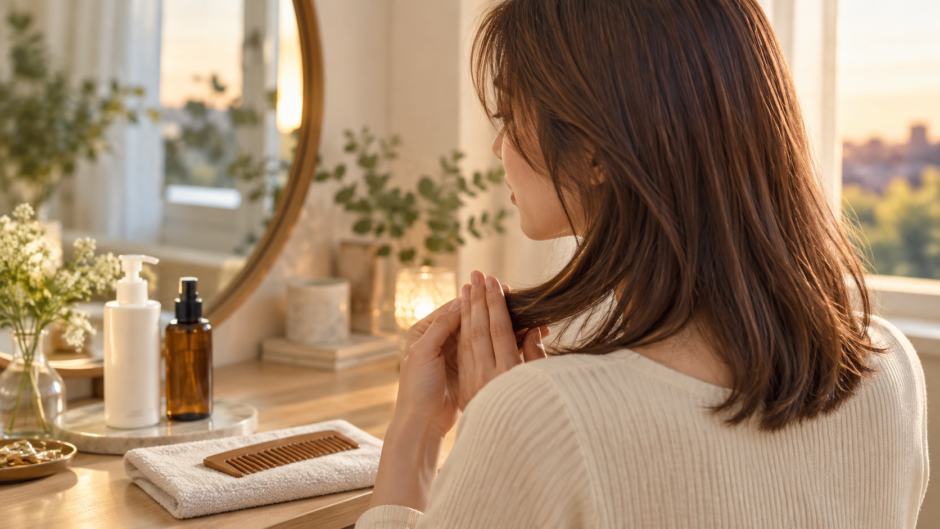 洗面台の前で髪の毛先を両手ではさみ、やさしく整える女性。