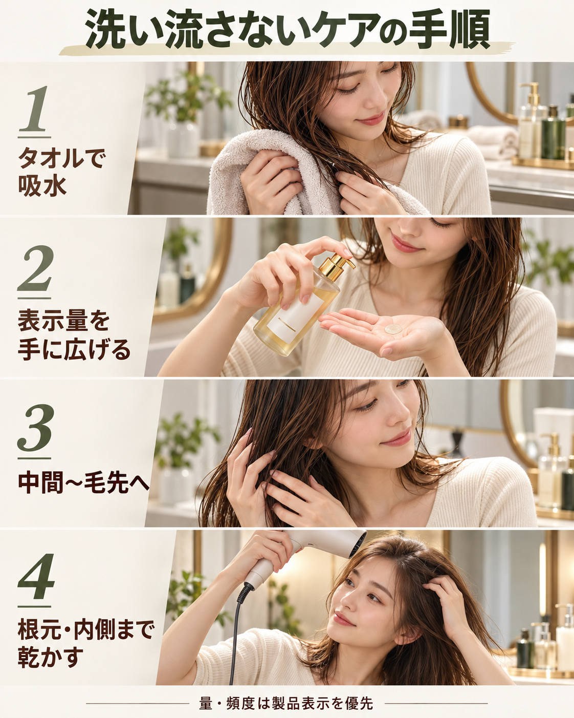 タオルで吸水し、製品表示の量を手に広げ、中間から毛先になじませて乾かす手順。