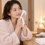 入浴後、清潔なタオルを頬にやさしく当てる女性と、乾いた洗面台のケア用品。