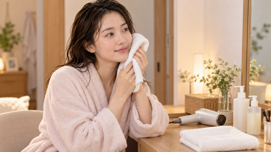 入浴後、清潔なタオルを頬にやさしく当てる女性と、乾いた洗面台のケア用品。
