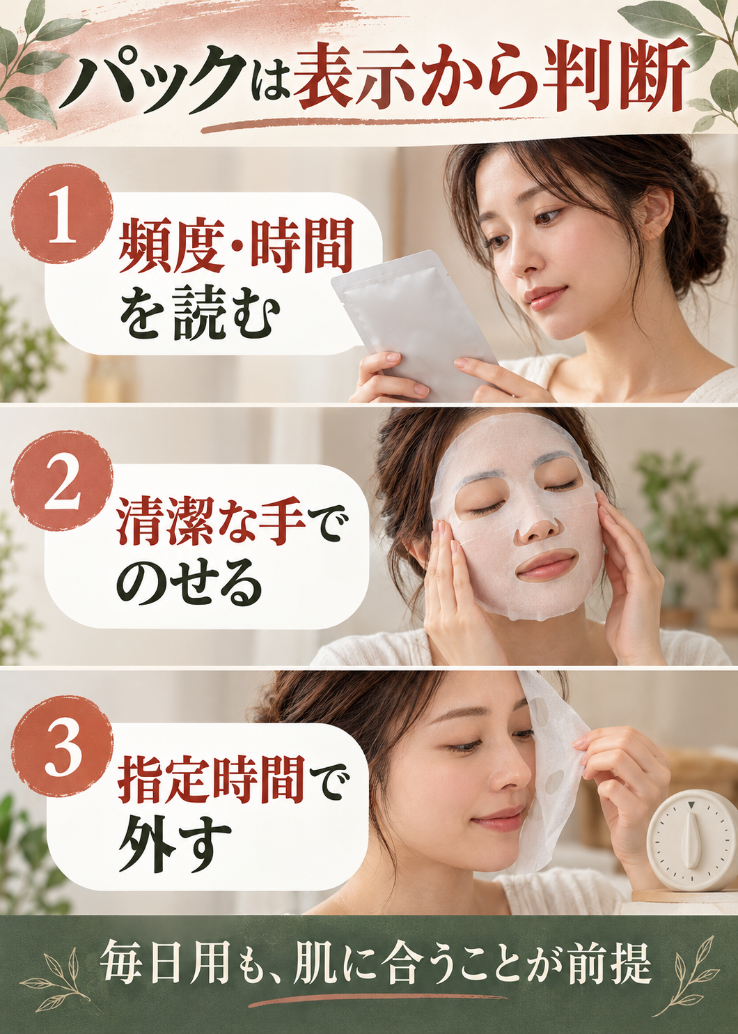 パックの頻度と時間を読み、清潔な手でシートをのせ、指定時間で外す手順図。