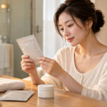 乾いた洗面台の前で、パックの袋の表示を両手で読む女性。