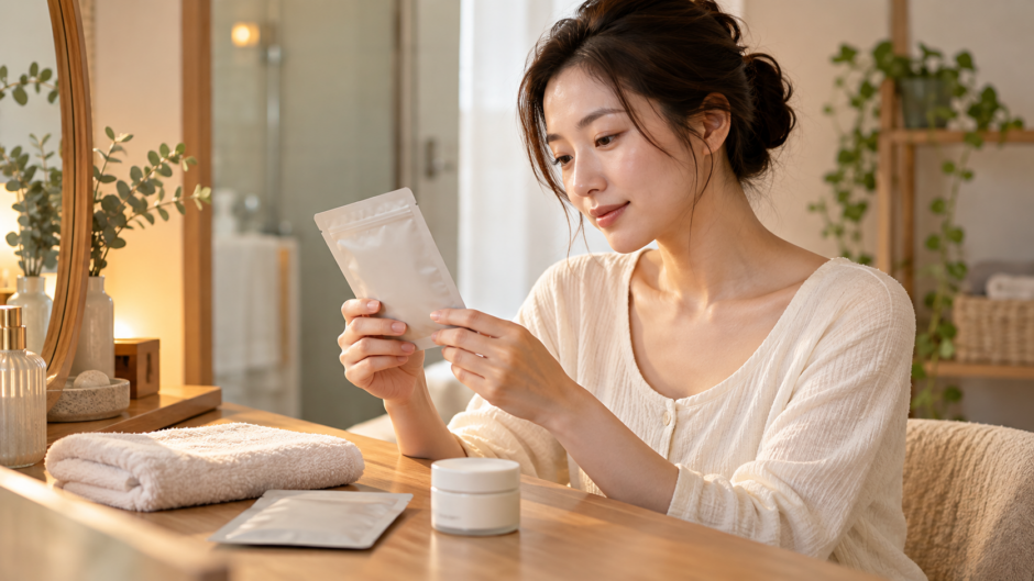 乾いた洗面台の前で、パックの袋の表示を両手で読む女性。