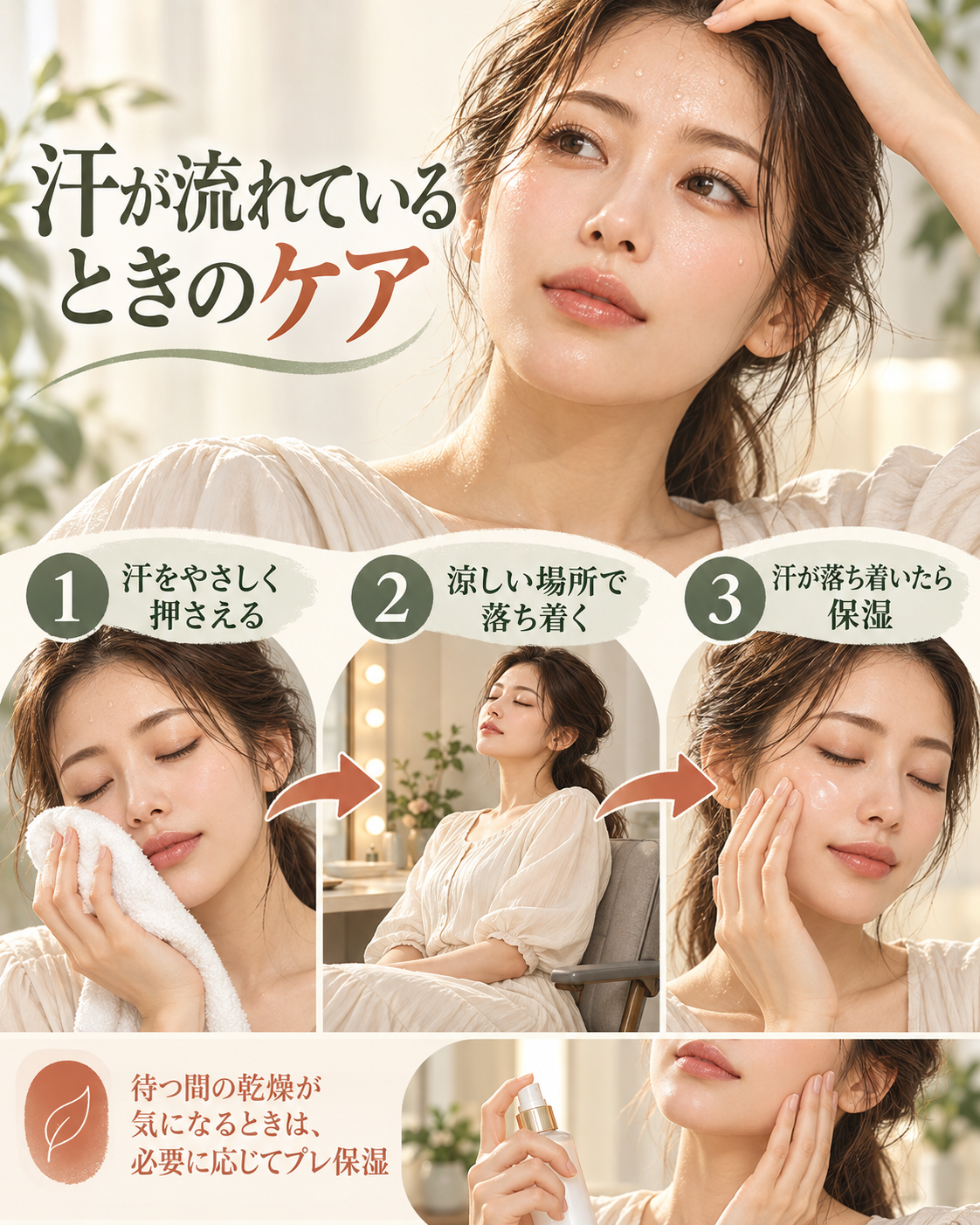 汗をやさしく押さえ、涼しい場所で落ち着き、汗が落ち着いてから保湿する流れ。