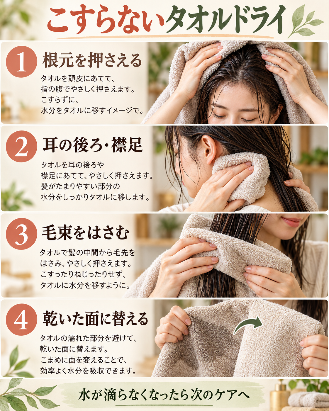 根元、耳の後ろと襟足、毛束を順にタオルで押さえ、乾いた面へ替える手順図。