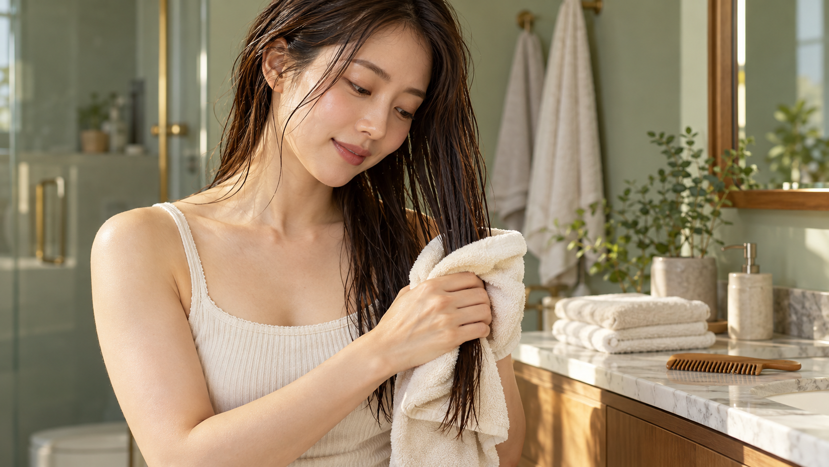 肩へ分けた濡れ髪を、折ったタオルで包んで押さえる女性。