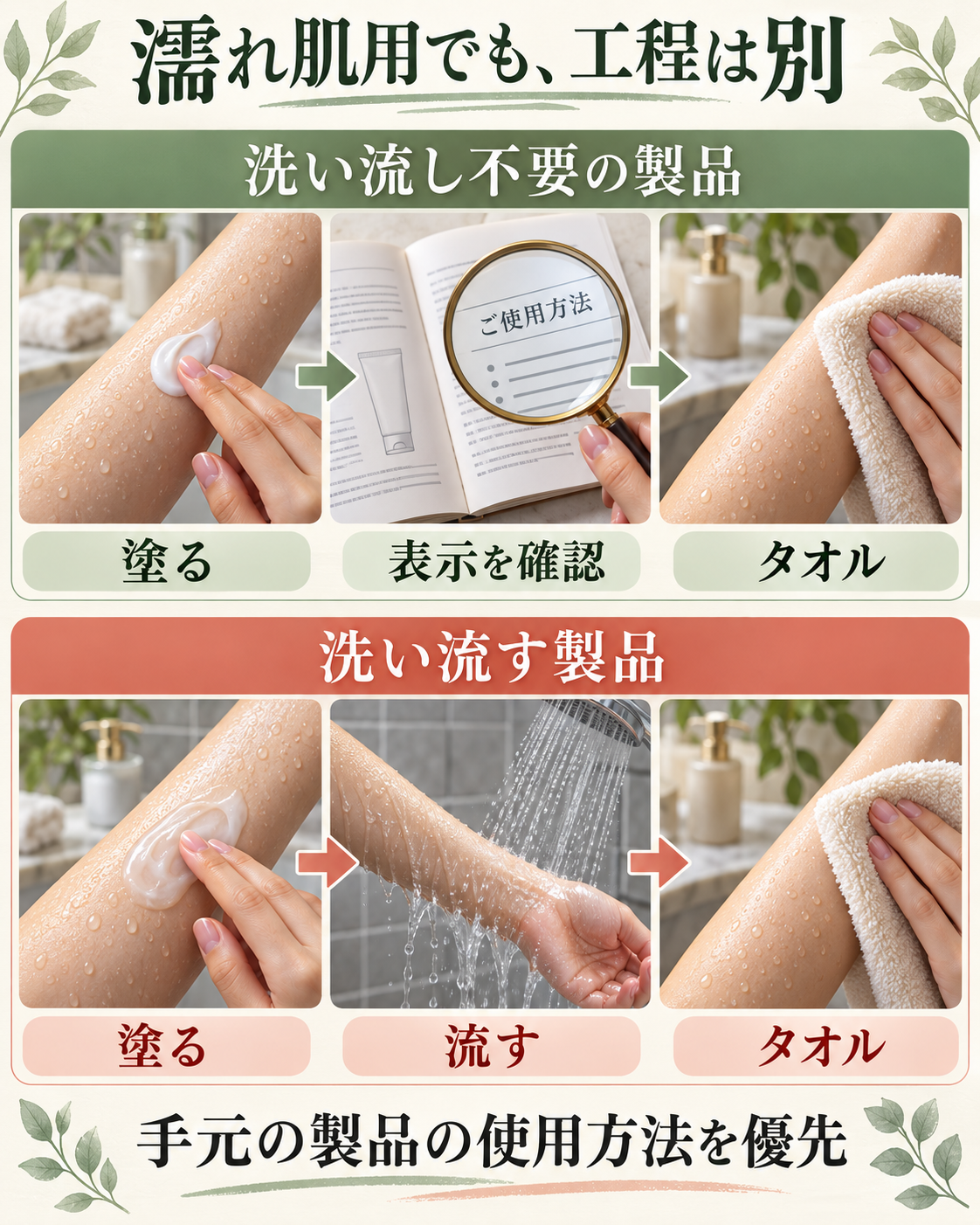 洗い流し不要の製品と洗い流す製品で、塗布からタオルまでの工程を比較した図。