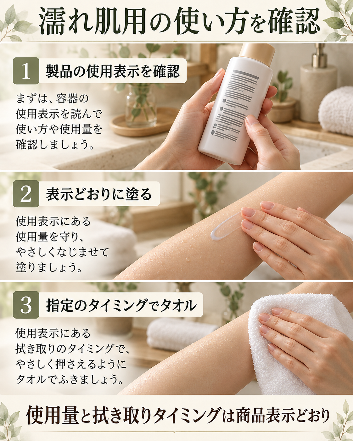 製品の使用表示を確認し、指定の使用量と拭き取りタイミングに従う手順。