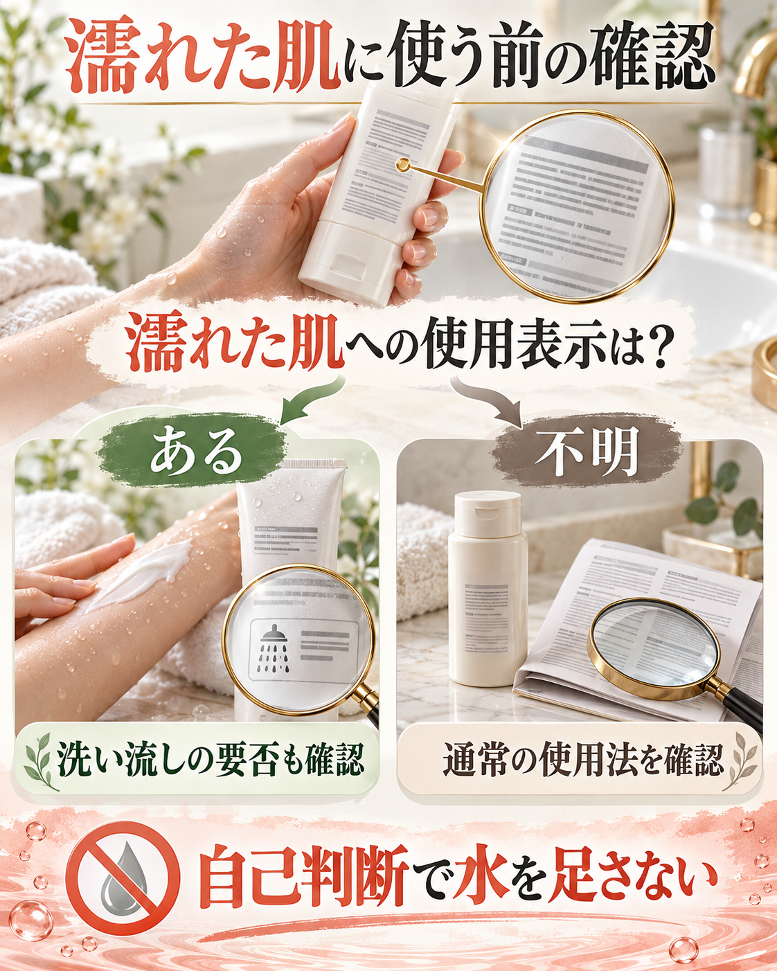 濡れ肌への使用表示と洗い流しの要否を確認し、不明なら通常の使用方法を確かめる図。